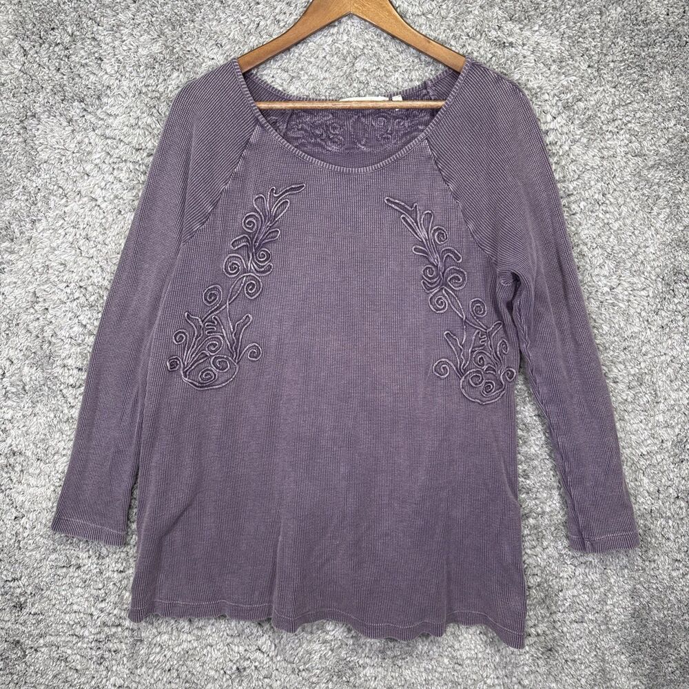 Soft Surroundings Women’s Waffle Knit Blouse Top Embroidered Size XL Purple Boho